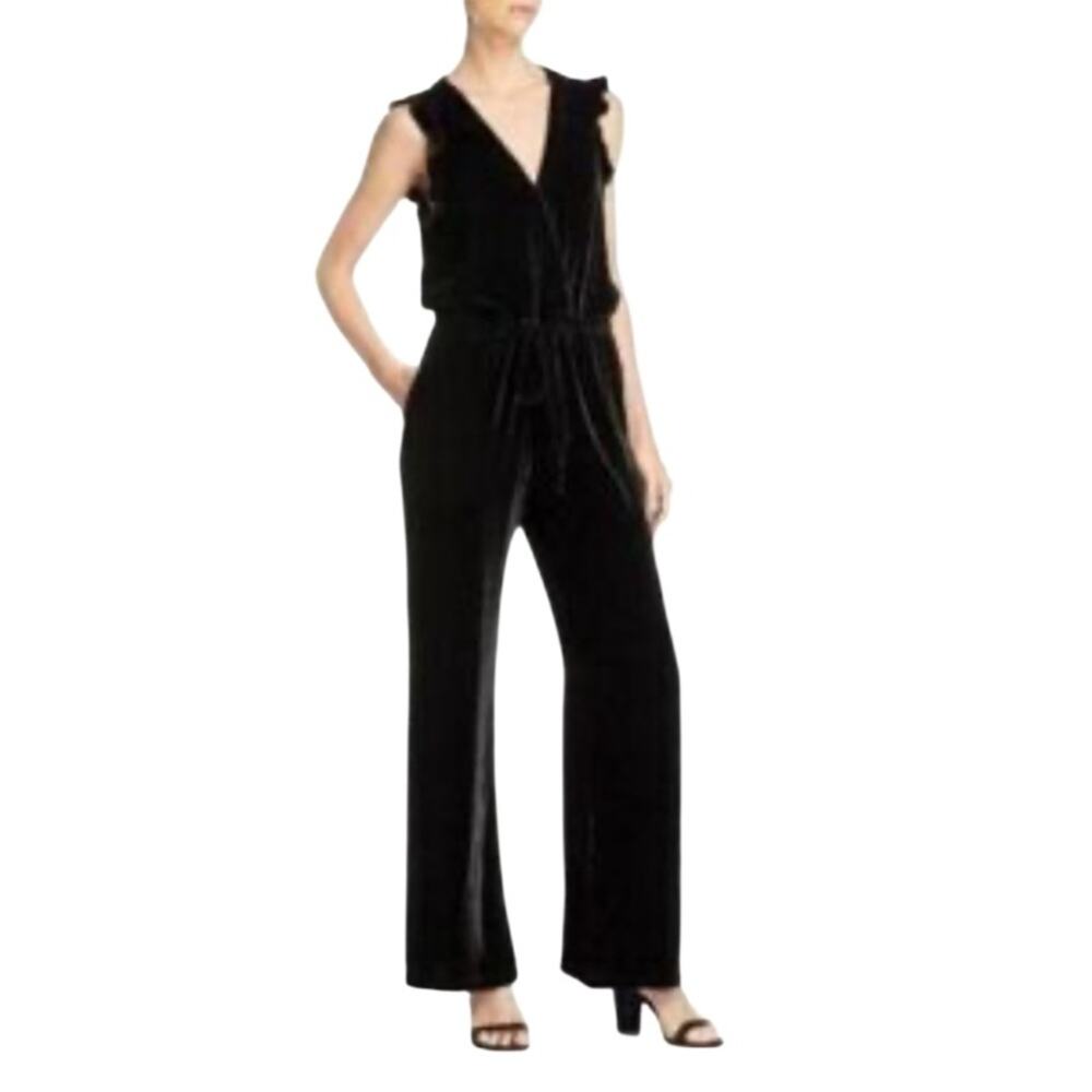 Bella Dahl Black Velvet Flutter Sleeve Wide Leg Jumpsuit Size Small